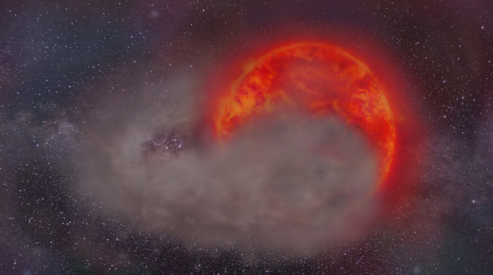 Artistic impression of a red giant star obscured by a dusty cloud surrounding a low-mass companion (Matylda Soszyska)